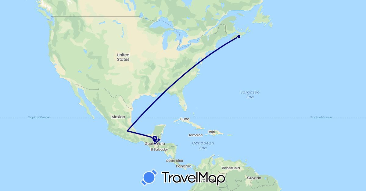 TravelMap itinerary: driving in Belize, Canada, Guatemala, Mexico (North America)